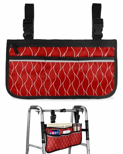 Anzona Dark Red Striped Wheelchair Side Bag Walker Bag, Modern Luxury Wave Geometric Wheelchair Accessories Armrest Pouch, Organizer Storage Bag for Walkers, Rollators, Scooters, 7.3''x13''
