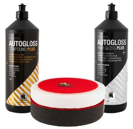 Indasa Autogloss Compound & Polish Starter Kit (604137) – 1L Compound Plus, 1L High Gloss Plus, 8" White & 8" Black Euro Foam Buff Pads for Professional Paint Finishing