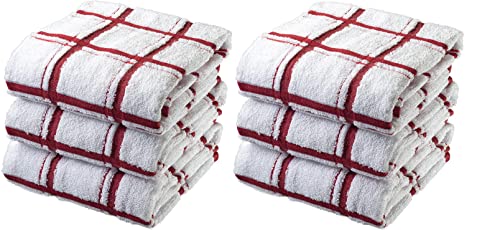 Large Jumbo Big Check 100% Cotton Terry Tea Towel Super Soft Kitchen Cleaning Soft Dish Cloth for Catering Restaurant & Bar (Red, 6)