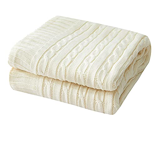 Zoomlie Manta grande de punto azul 100 % algodón, 180 x 200 cm, cálida, lavable, duradera, para sofá, cama, manta suave para camas, tamaño doble (blanquecino, 120 x 180 cm)