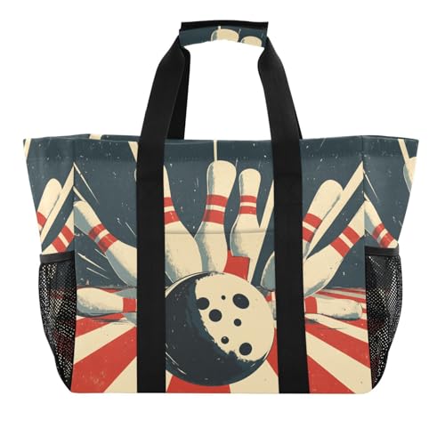 Large Waterproof Travel Tote Bag for Women Men, Vintage Bowling Ball Canvas Beach Bag with Lining & Pockets - Reusable Grocery/Laundry/Kitchen/Pool/Picnic Tote (15.4x9.8x12.8in)