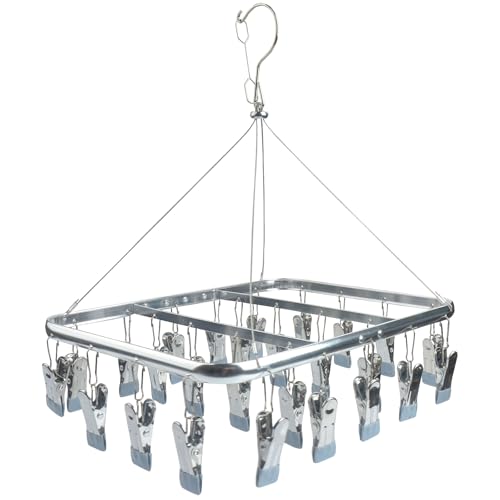 Roellgs Sock Dryer, Aluminum 32 Pegs Sock Hanger for Washing Line, Clothes Drying Rack with Windproof Hook, Hanging Clothes Airer for Socks, Underwear, Baby Clothes & Hats (grey)