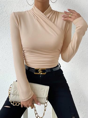Image of SweatyRocks Women's Ruched Mock Neck Long Sleeve T Shirt Solid Slim Fitted Tee Tops