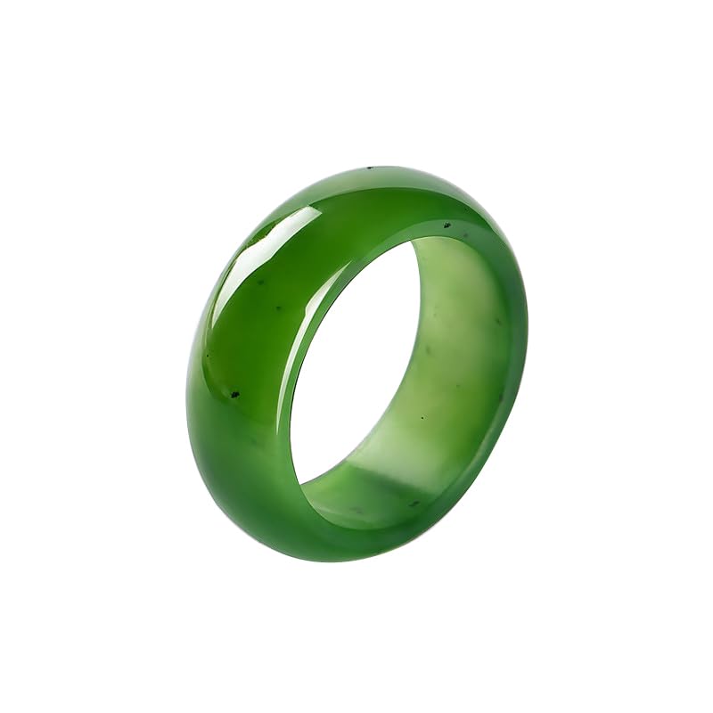 YMHOP 7-8mm Width Natural Hotan Jade Rings Good Luck Jewelry Natural Green Jade FengShui Ring for Women Men Unisex with Gift Box (7-8mm width, 9)