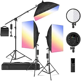 Neewer RGB LED Softbox Lighting Kit with 2.4G Remote: 3-Pack 48W Dimmable LED Light Head with 3200~5600K/CRI95+/360°Full Color/10 Scene Effect with Softbox, Stand and Boom Arm for Studio Photography
