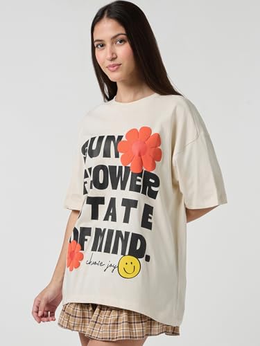 Image of Bewakoof Women's Being Cute is My Super Power Graphic Print 100% Cotton T-Shirt- Oversized Fit, Round Neck, Half Sleeve