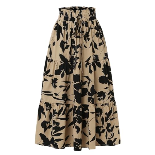Summer Skirts for Women 2025 Vacation Boho Floral Tiered Maxi Skirt Drawstring High Waisted Flowy Ruffle A Line Skirt2