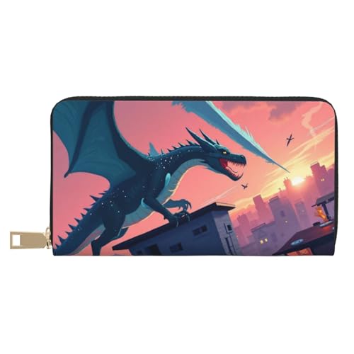 Wallet Women - Cool Blue Dragon-H Print Leather Wallet for Women with Zipper, Cute Bifold Long Ladies Wallets