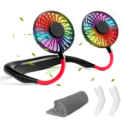 Gvoo Ventilador Portátil, Ventilador USB Recargable 3 velocidades,Rotación Libre de 360° LED Luz,Incluye Mangas de Brazo y Toalla de Microfibra