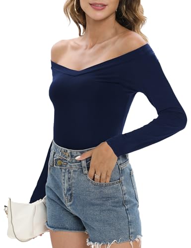 Image of Sarin Mathews Womens Shirts Off The Shoulder Tops Sexy V Neck Slim Fit Shirts Tops Blouses