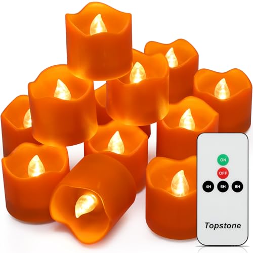 Image of Topstone Halloween Orange Led Tealight with 4 /6 /8 H Timer,Remote Control Flameless Candle,Battery Powered Fake Candles,Electric Votive Candle,Pack of 12