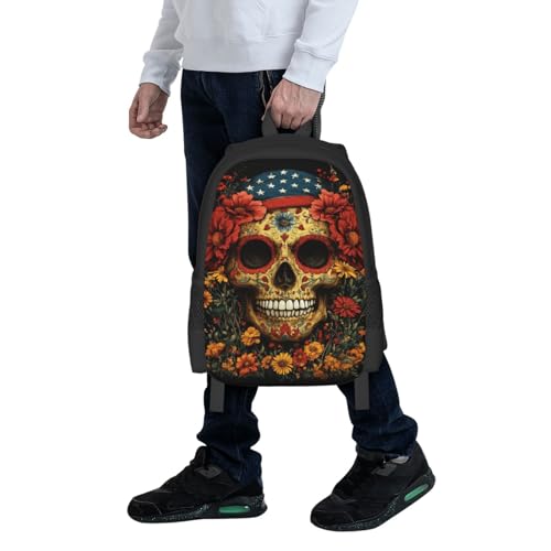 Image of Floral Skull Print Backpack For Men Women Lightweight Daypack For Daily Commutes Business Travel Hiking