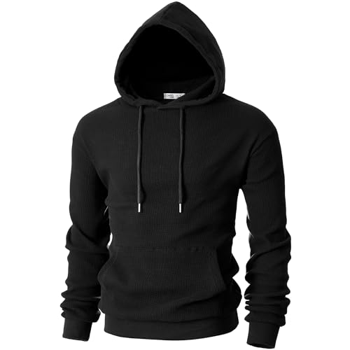 Ohoo Mens Slim Fit Waffle Knit Cotton 100% Basic Pullover Hoodies Sweatshirt Lightweight Long Sleeve with Kanga Pocket