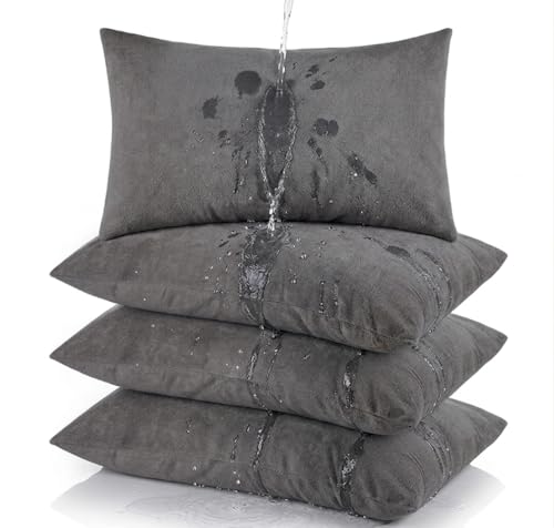 Image of Waterproof Terry Cotton Pillow Protector Cover with Zippered Closure | 18X28 Inch Standard Size Pillow Cover, Set of 4 | Dustproof Bedding Pillowcase for Protection (Grey)