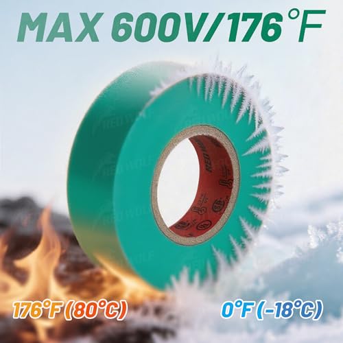Image of RED WOLF 10 Pack Green Electrical Tape 3 /4 Inch x 66 Ft Industrial Grade UL /CSA Listed 7 Mil Thick Flame Retardant High Temp Waterproof Electrical PVC Tape Electric Super Vinyl Rated 600V