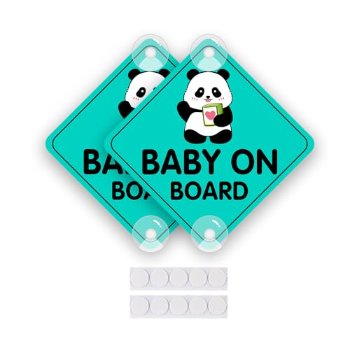 Image of 2PCS Panda Baby On Board Sticker for Cars, Cute Kids in Car Suction Cup Sign for Car Window Bumper Truck Auto Warning Decals (Suction Cup, Mint Green)