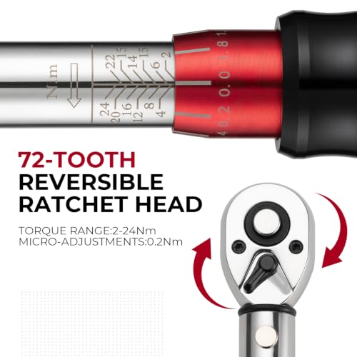 Image of ROCKBROS Bike Torque Wrench 1 /4 Inch 13-Piece Kit | 72-Tooth Gear, 2 to 24 Nm / 17.7~212.42 in-lb, Dual-Direction Click Type, 0.2 Nm /0.5 Micro-Adjustment Bike,E-Bike,Motorcycle