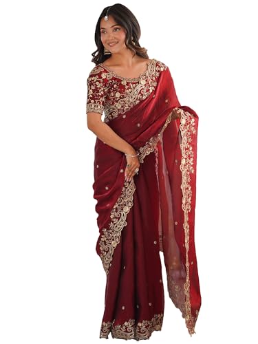 Image of AKHILAM Women's Shimmer Satin Sequence Embroidery Saree With Unstitched Blouse Piece(AARYAN21401 KR Parent)