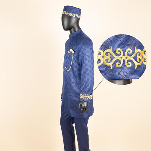 African Suits for Men Traditional Dashiki Embroidery Blazer Trousers Hat Set Business Suit4