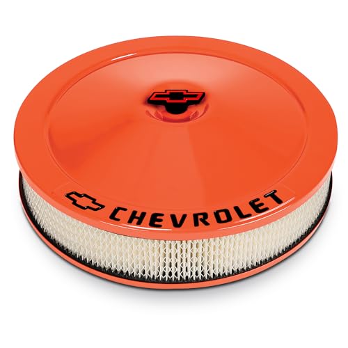 ProForm Air Cleaner Assembly, Classic, 14 in Round, 3 in Element, 5-1/8 in Carb Flange, Flat Base, Black Chevrolet Logo, Steel, Orange Paint, Kit