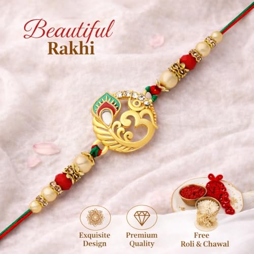 Image of Riddhika Ventures Glorious Gold Plated Auspicious Diamond Ring Rakhi with Roli Chawal and Greeting Card