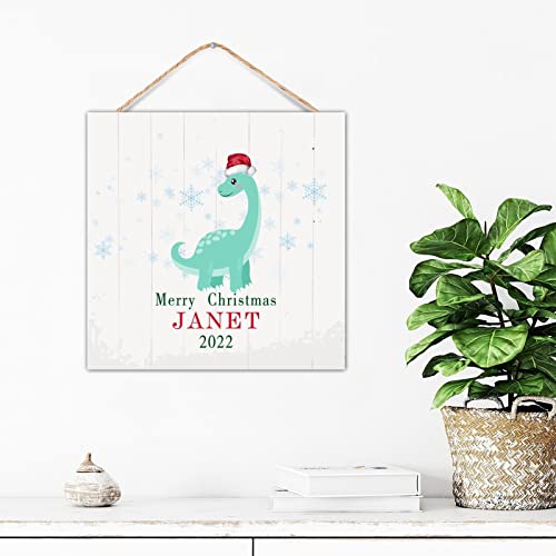 Décoration murale en bois personnalisée avec dinosaure rigolo et chapeau de Noël