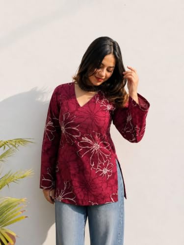 Image of Women Rayon Printed Short Kurti for Women | Floral V Neck Short Kurta Top | Full Sleeve Casual Kurti for Girls & Women