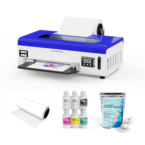 PUNEHOD DTF Printer A4 L800 with Roll Feeder, DTF Transfer Printer Machine with White Ink Circulatory for DIY Print Dark and Light Fabrics (A4 L800+DTF Ink+Powder+Roll Film)