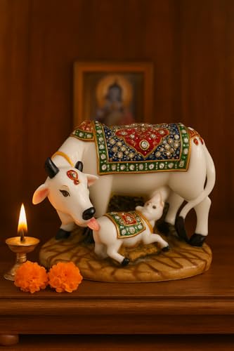 Image of Kamdhenu Cow and Calf Statue for Vastu | Polyresin Cow Idol for Puja Mandir, Home Decor Item | Decorative Showpiece for Gifting, Housewarming & Diwali Gift