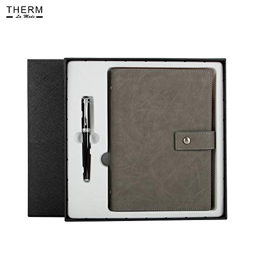 Therm La Mode Notebook A5 Set with Pen, Exquisite Gift Box, PU Leather Cover Loose Leaf/Binder Notepad, Pen Holder 4 Business Card Pockets 100gsm Paper, Gift for Men Women Students Brown 