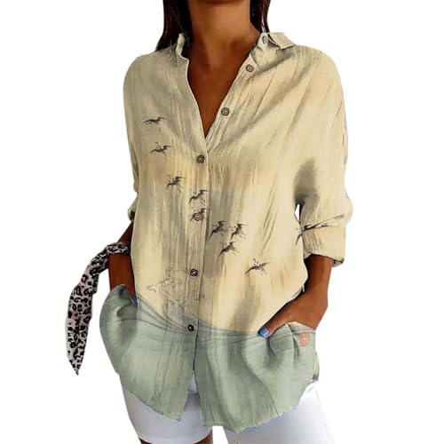 Generisch Blusa de manga larga para mujer, camisa informal, elegante, cuello en V, estampado divertido, blusa suelta, tops con botones, beige, L