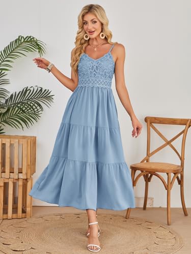 Image of Dokuritu Women's Beach Crochet Lace Maxi Dress Solid Color Summer Vacation Wedding Guest Spaghetti Strap Long Dress