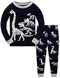 Popshion Boys Glow in the Dark Pajamas Dinosaurs Pjs 100% Cotton Toddler 2 Piece Sleepwear Kids Clothes Set T-Rex Outfits Dino Shirt 5t