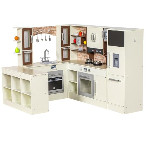 BRINJOY 3-Piece Kids Kitchen Playset, Walk-in Wooden Play Kitchen Set for Toddlers, Modular Pretend Play Kitchen w/Light&Sound, Large Corner Kitchen Cooking Toy w/Coffee Capsule, Gift for Girls Boys