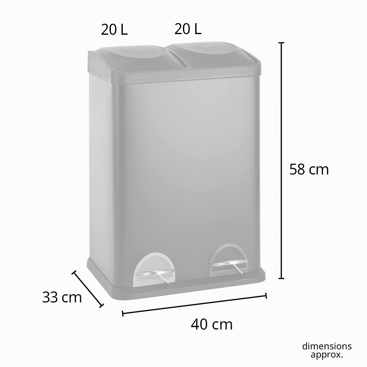 SVITA TC2X20 Lot de 2 poubelles de cuisine à pédale, capacité 40 l, 2 x 20 l, pour tri sélectif des déchets, gris