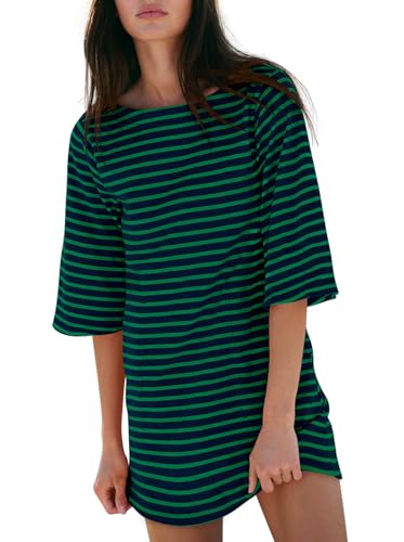 Image of Yousify Women's T Shirt Dress Cotton Summer Dresses 2026 Casual Loose Short Sleeve Striped Mini Dress with Pockets