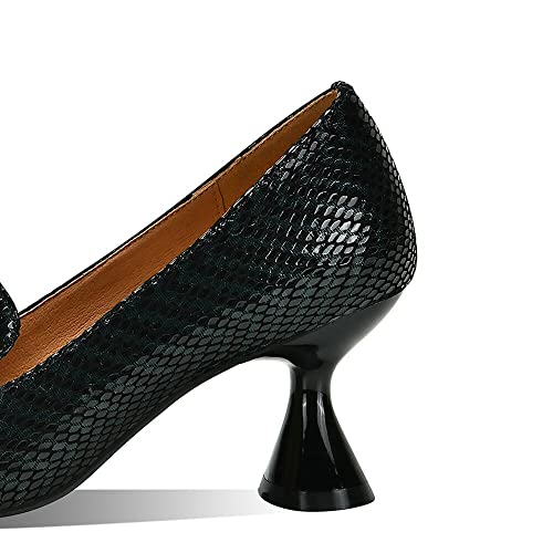 TinaCus Handmade Women's Glossy Genuine Leather Snakeskin Slip On Pointed Toe Mid Spool Heel Pumps Shoes4