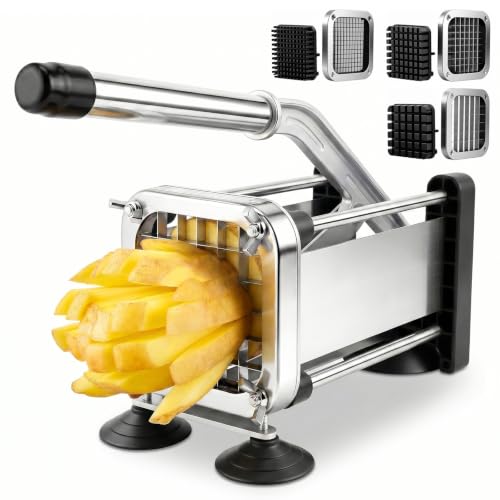 Capsste Pommesschneider Edelstahl professionell mit 3 Klingen (6,5mm, 9,5mm, 13mm) aus 420er Lebensmittelstahl, inklusive 4 Saugnäpfen für stabilen Halt, ideal für Heißluftfritteuse und Gastronomie