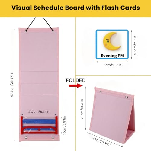 Image of PATPAT Flash Cards for Kids Visual Schedule Calendar Chart, 2 in 1 Foldable Autism Daily Chore Routine Chart with 96 Cards Montessori Learning Toys for 3+ Year Old Kids for Home School, Pink