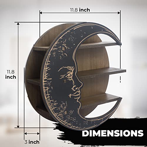 Cefreco Black Crescent Moon Shelf - Rustic Wooden Crystal Holder For Healing Stones And Essential Oils - Wall-Mounted Crystal Shelf Display For Wall Decor - Witchy Gifts For Women #TOP2