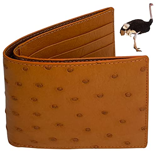 Image of Tan Ostrich Double Side Leather Bifold Wallet, RFID Blocking Mens Wallet