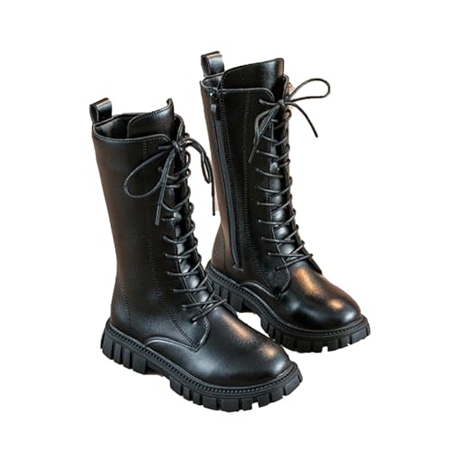Girl's Lace-Up Zipper Combat Waterproof Boots PU Leather Side Zipper Punk Goth Boot for Little Kid/Big Kid Campus Style (Black,1)