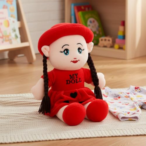 Image of ALVERO Cute Plush Doll for Girls, Soft & Cuddly Doll with Braided Hair, Hat & Heart-Detail Dress, Pretend Play Toy, Storytelling Companion & Birthday, Valentine & Return Gift (Red)