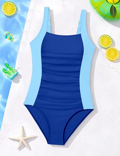Image of Girl Swimsuit One Piece Bathing Suit for Girls Solid Color Ruched Adjustable Straps Padded Swimwear 9-18y