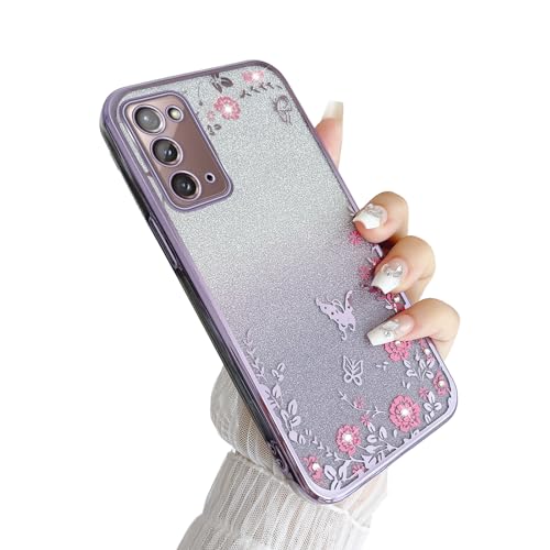 Image of for Note 20 Case,Galaxy Note 20 Case for Women Gradual Change Glitter Crystal Soft TPU Stylish Butterfly Floral Heart Clear Protective Cover with Strap for Samsung Note 20 (Purple)