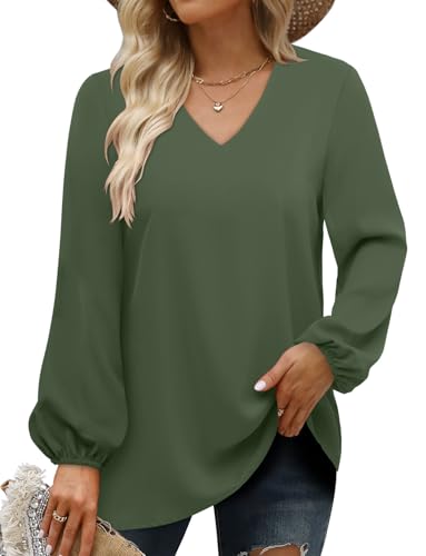 CHICZONE Women Shirt Long Balloon Sleeve V Neck Blouses Ladies Fall Work Cute Solid Loose Trendy Tops Army Green