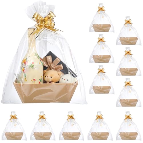 Image of Thenshop 44 Pcs Basket for Gifts Empty Gift Basket Bulk Include 12 Cardboard Tray 12 Plastic Bags and 20 Pull Bows for Christmas Fall Halloween Birthday Wedding Party DIY Wrapping(Solid,Khaki)