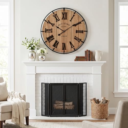Image of EMAX HOME 24 Inch Large Farmhouse Wall Clock, Natural Wood Grain Face with Black Metal Frame, Silent Non-Ticking Quartz Movement, Vintage Wall Decor for Living Room, Bedroom, Dining Room