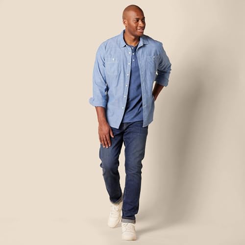 Amazon Essentials Camiseta de Manga Larga con Cuello Henley y Corte Recto (Disponible en Talla Grandes y Largos Especiales) Hombre, Azul Mezcla, L