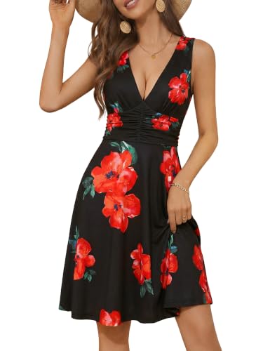 Image of OURIN Women's Spring Deep V Neck Sleeveless Floral Sundresses with Pockets Flowy Summer Dresses for Women